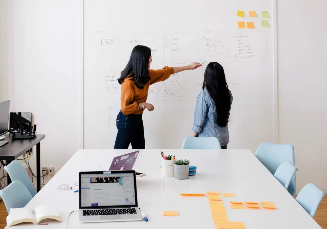Colleagues planning a campaign on a whiteboard